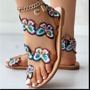 Women’s Sequin Floral Flat Sandals - Multicolor